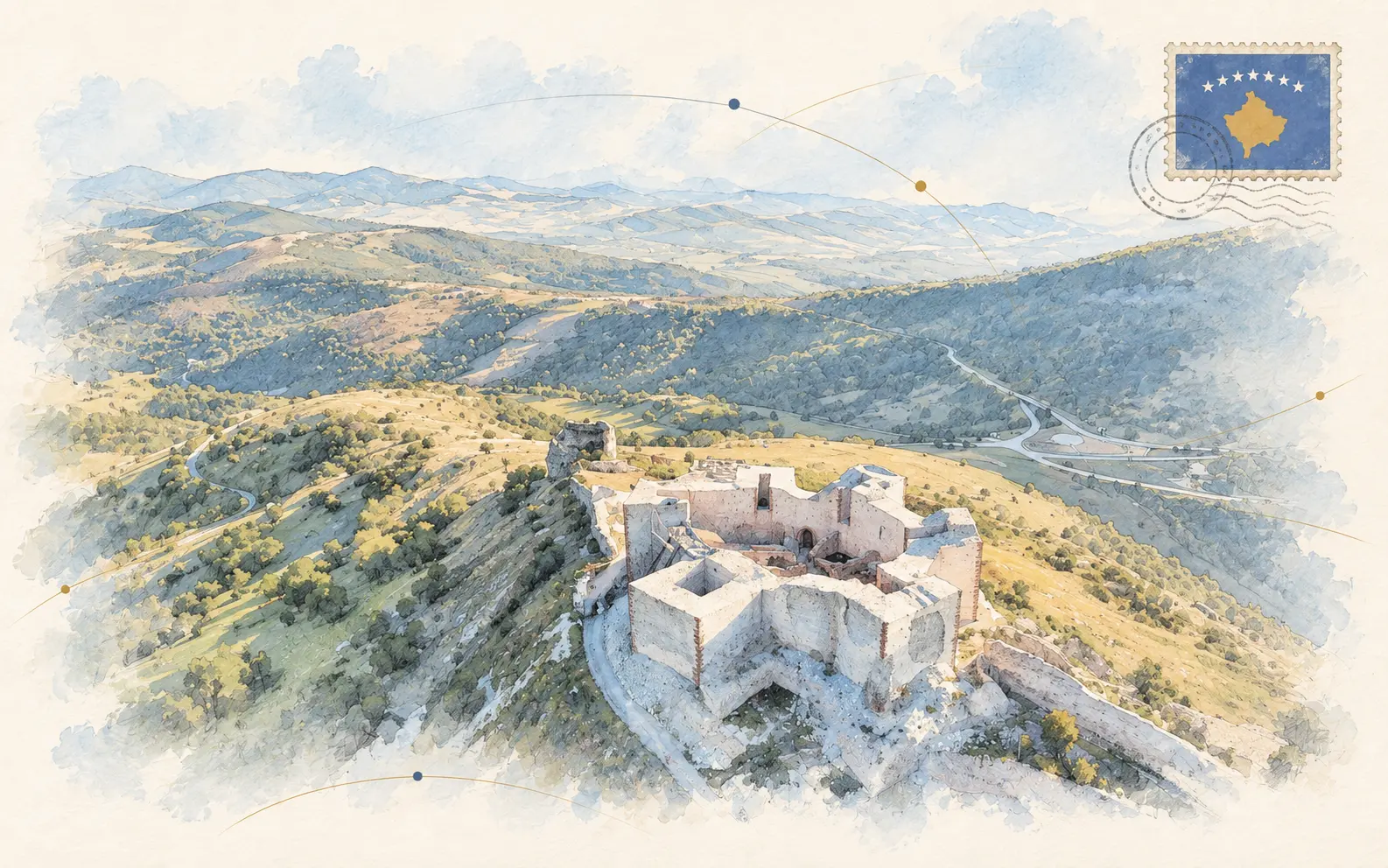 Watercolour postcard of Kosovo featuring an aerial mountain fortress