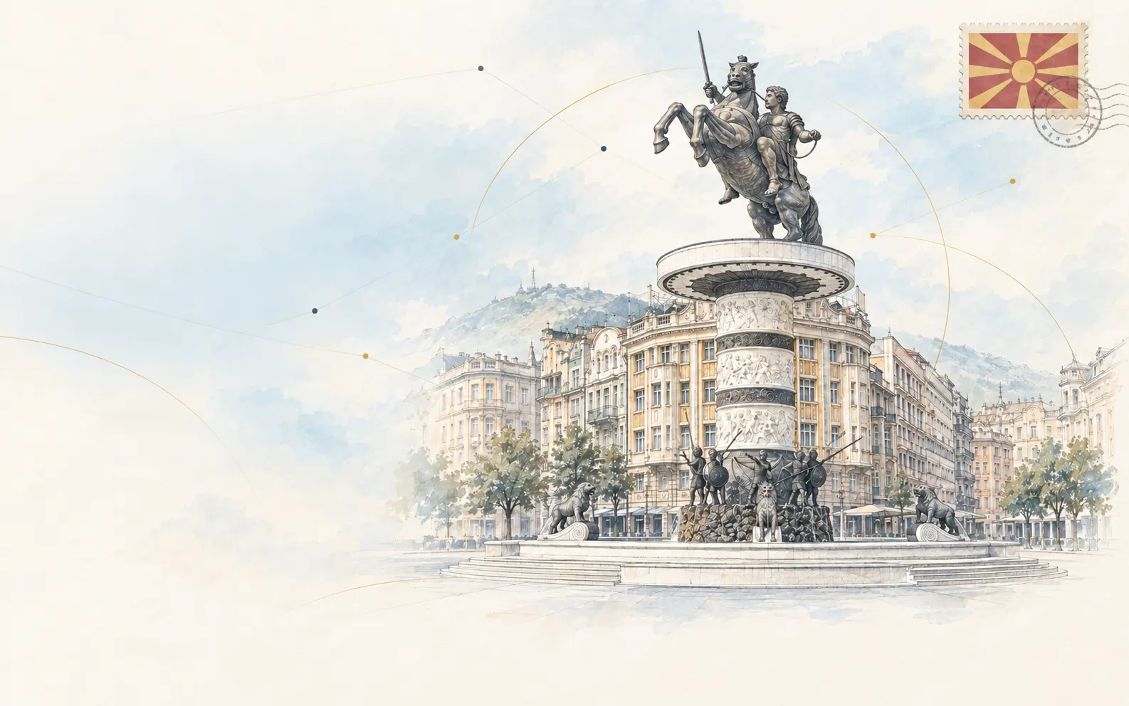 Watercolour postcard of Skopje, Macedonia, featuring the Warrior on a Horse monument